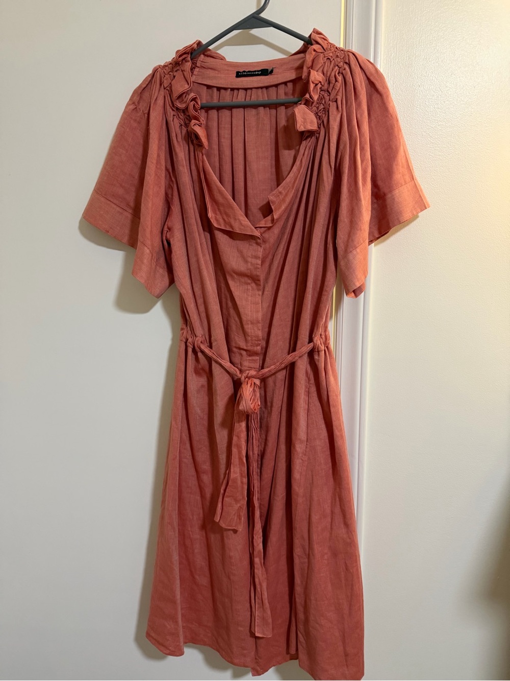 Rust Tie-Waist Midi Dress with Ruffle Neckline - Unbranded